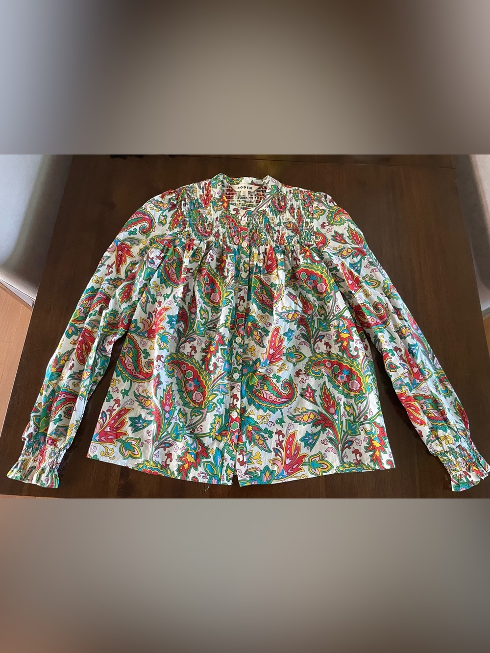 Boden Multicolor Paisley Smocked Yoke Button Front Long Sleeve Blouse Sz 4